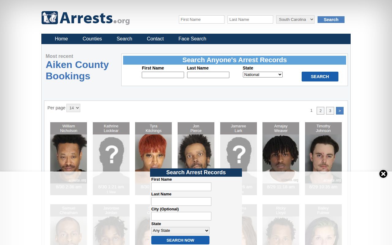 Aiken County secondary arrest listing source view from Arrests.org