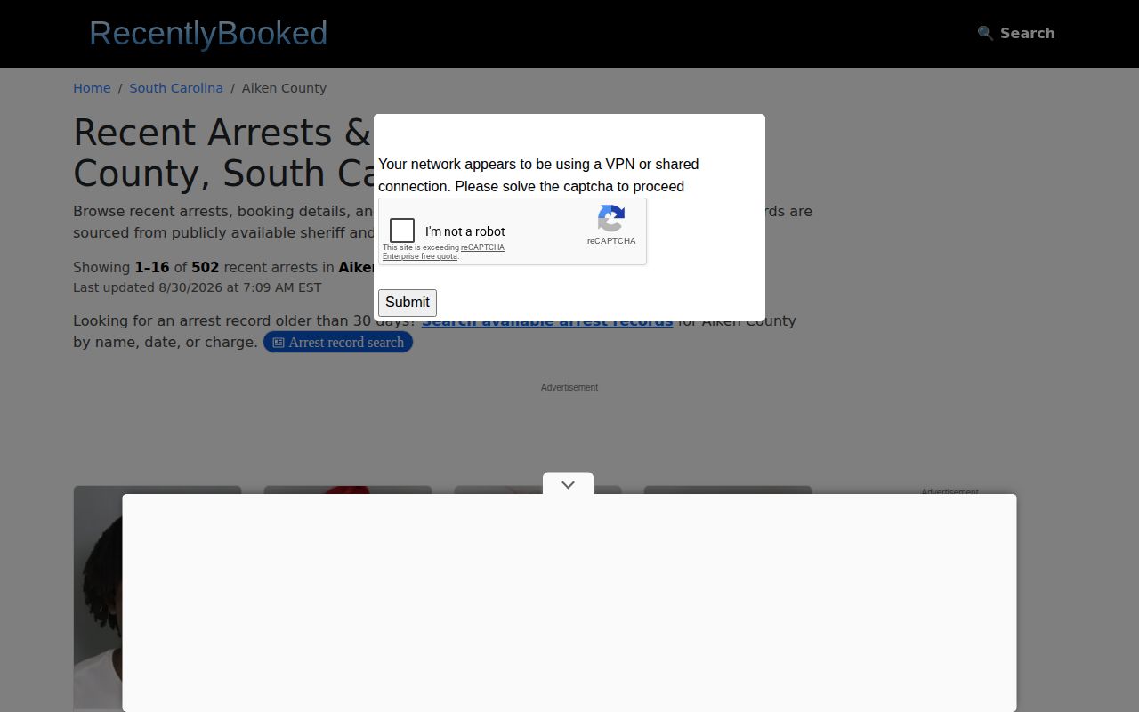 Aiken County secondary booking source view from RecentlyBooked